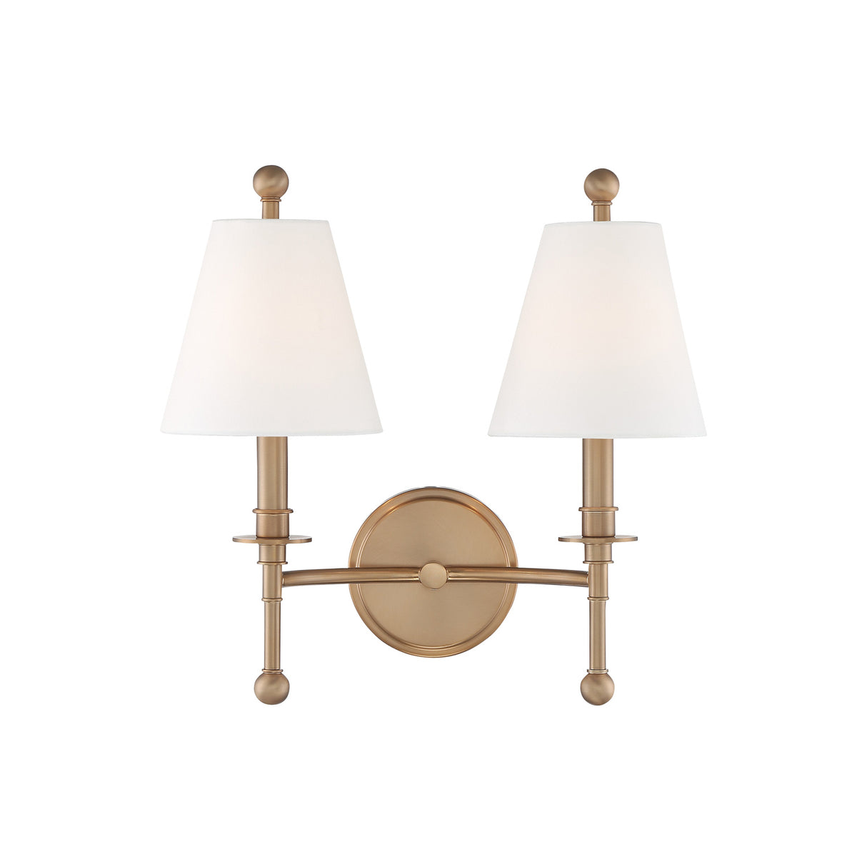 Bellamy Double Wall Sconce 20", Aged Brass and White Fabric