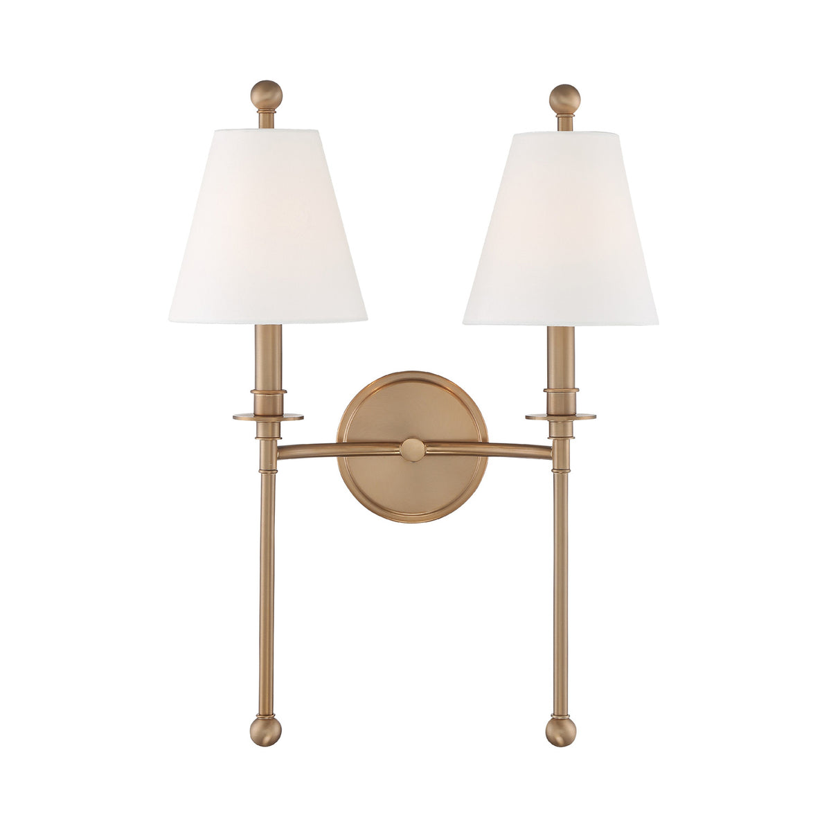 Bellamy Double Wall Sconce 20", Aged Brass and White Fabric