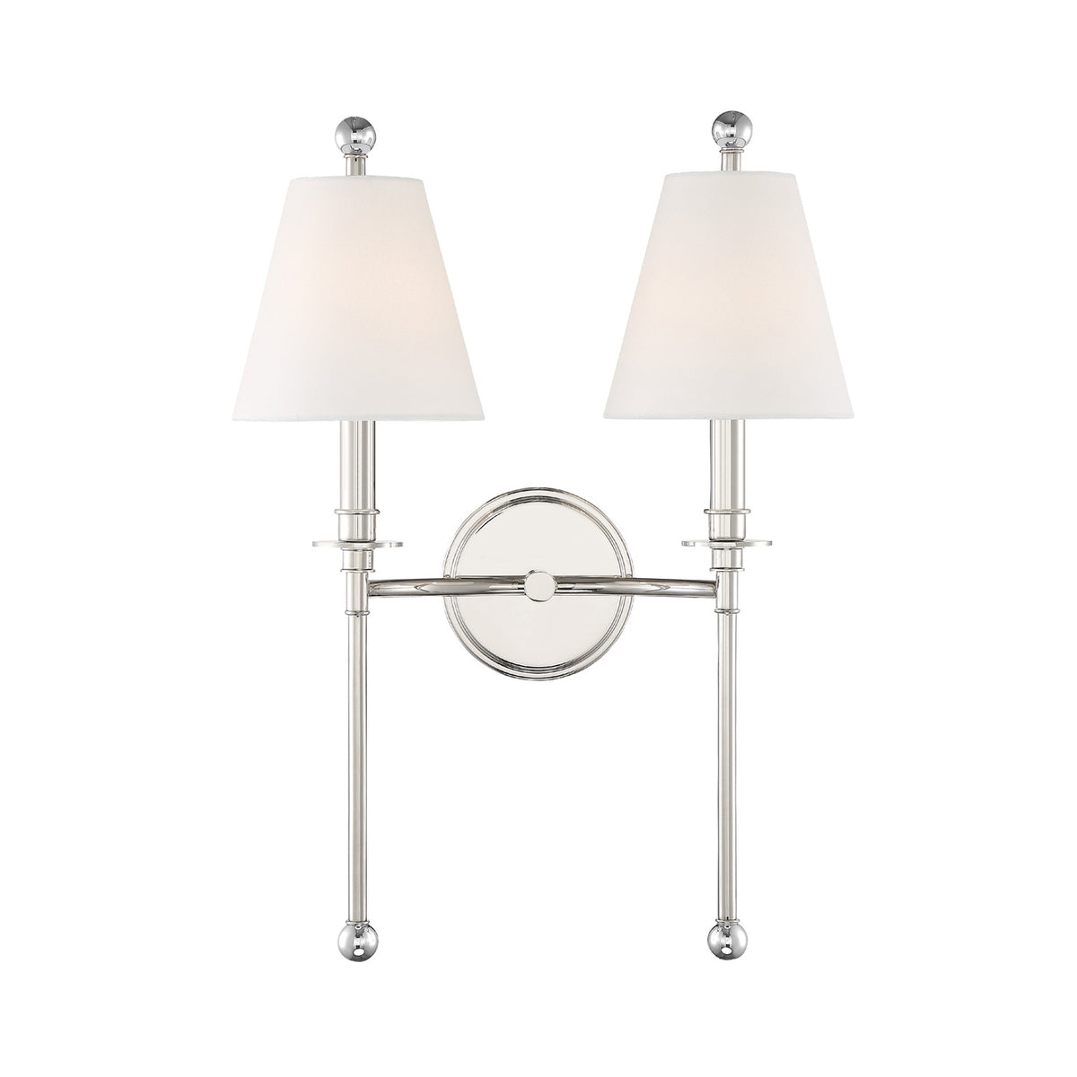 Bellamy Double Wall Sconce 20", Polished Nickel and White Fabric