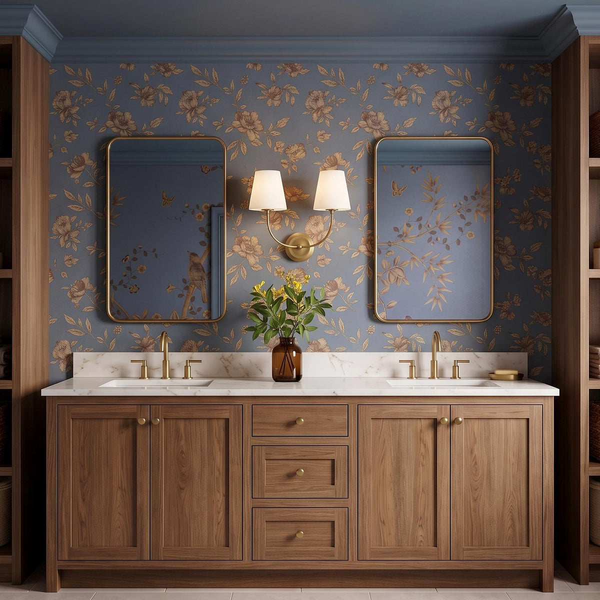 A traditional bathroom with the Estelle 2 Light Vanity Sconce 14", Brass and Opal Glass centered between two mirrors above a walnut double vanity and floral wallpaper.