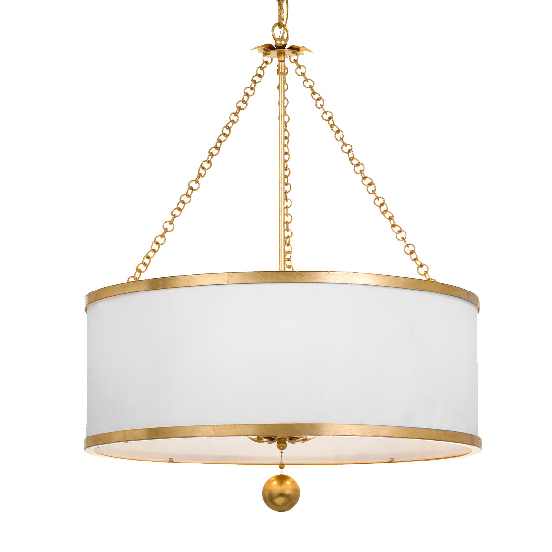 Alice Drum Chandelier 24", Antique Gold with Fabric Shade, angled view of drum shade with Antique Gold rim bands