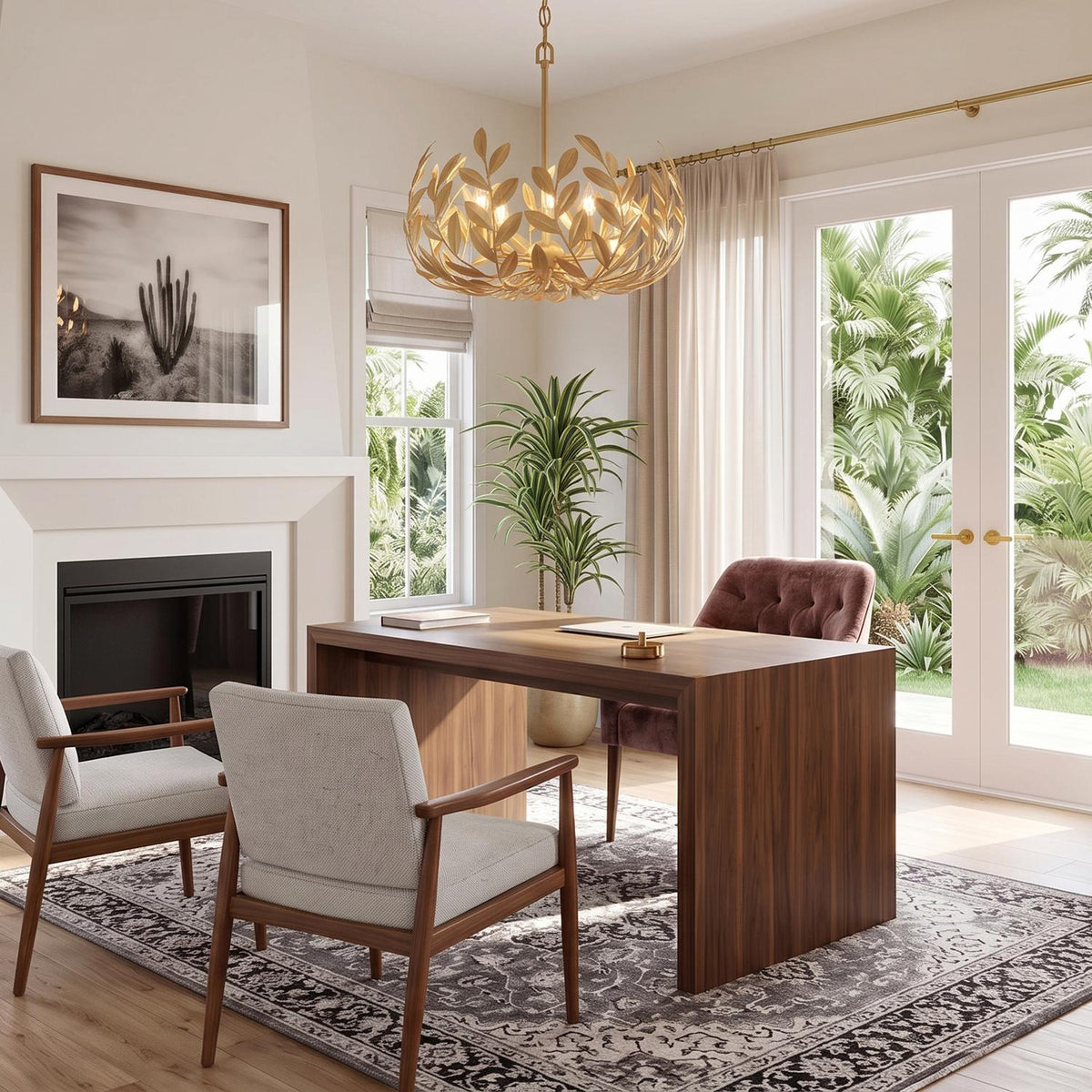 A transitional home office features the Alison Chandelier 23", Antique Gold suspended above a walnut desk near a fireplace and french doors.