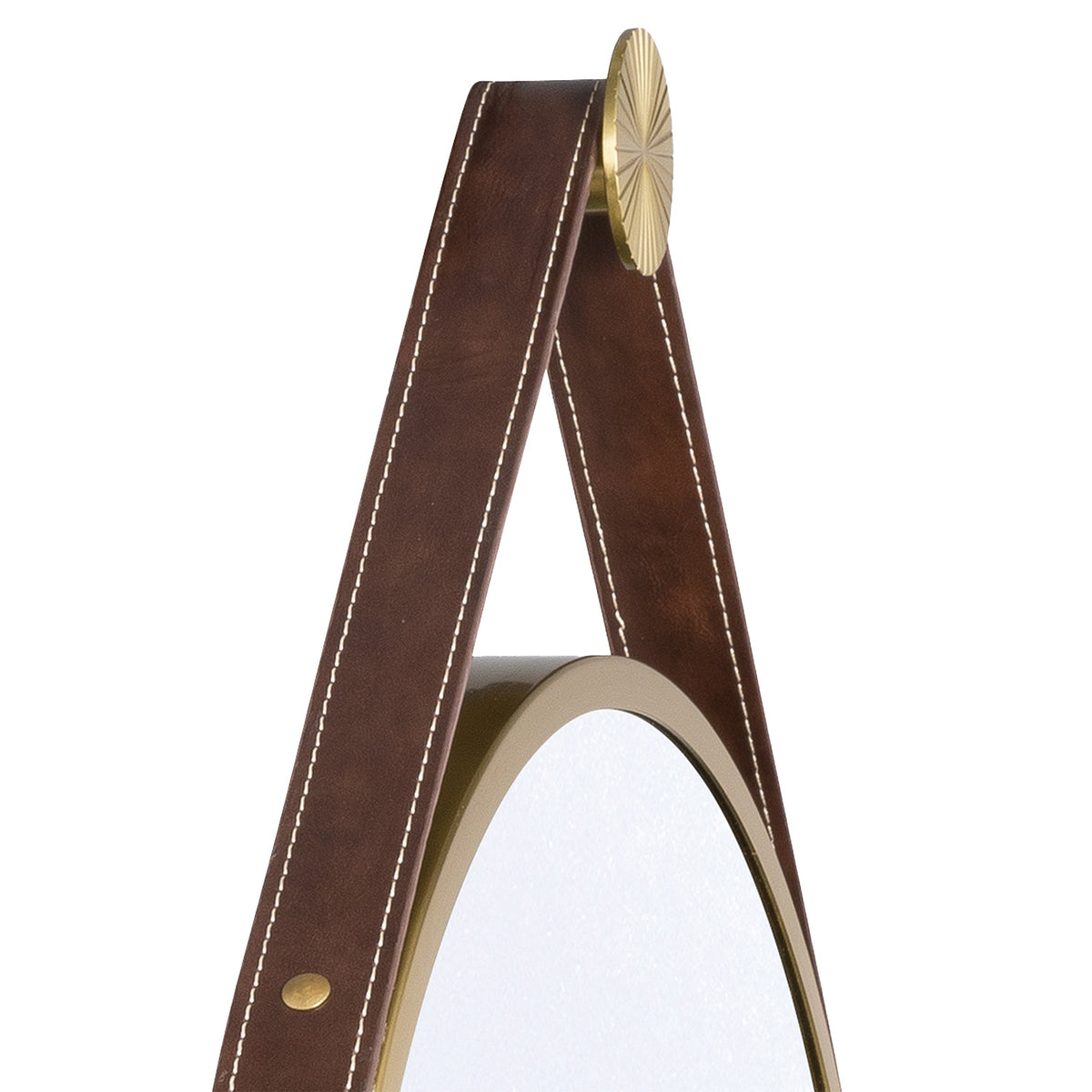 Stamford Round Decorative Mirror 18" x 23", Brass with Brown Leather Strap