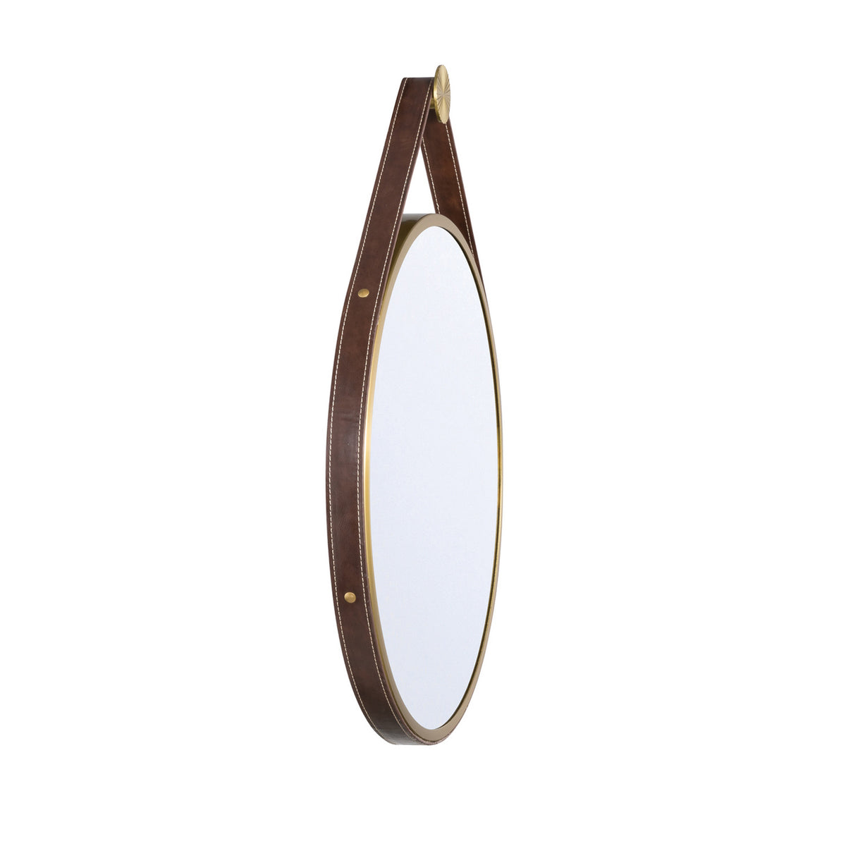 Stamford Round Decorative Mirror 18" x 23", Brass with Brown Leather Strap