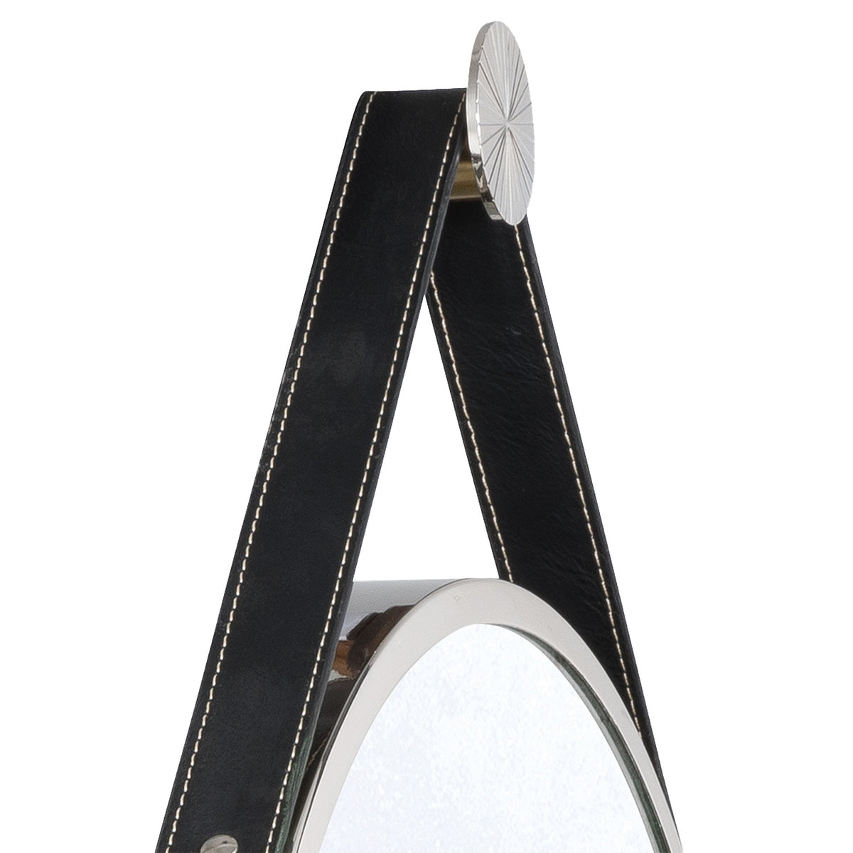 Stamford Round Decorative Mirror 18" x 23", Polished Nickel with Black Leather Strap