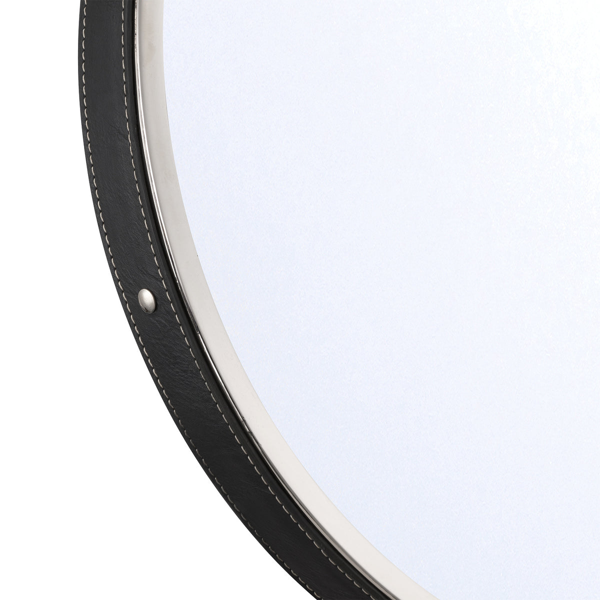 Stamford Round Decorative Mirror 18" x 23", Polished Nickel with Black Leather Strap