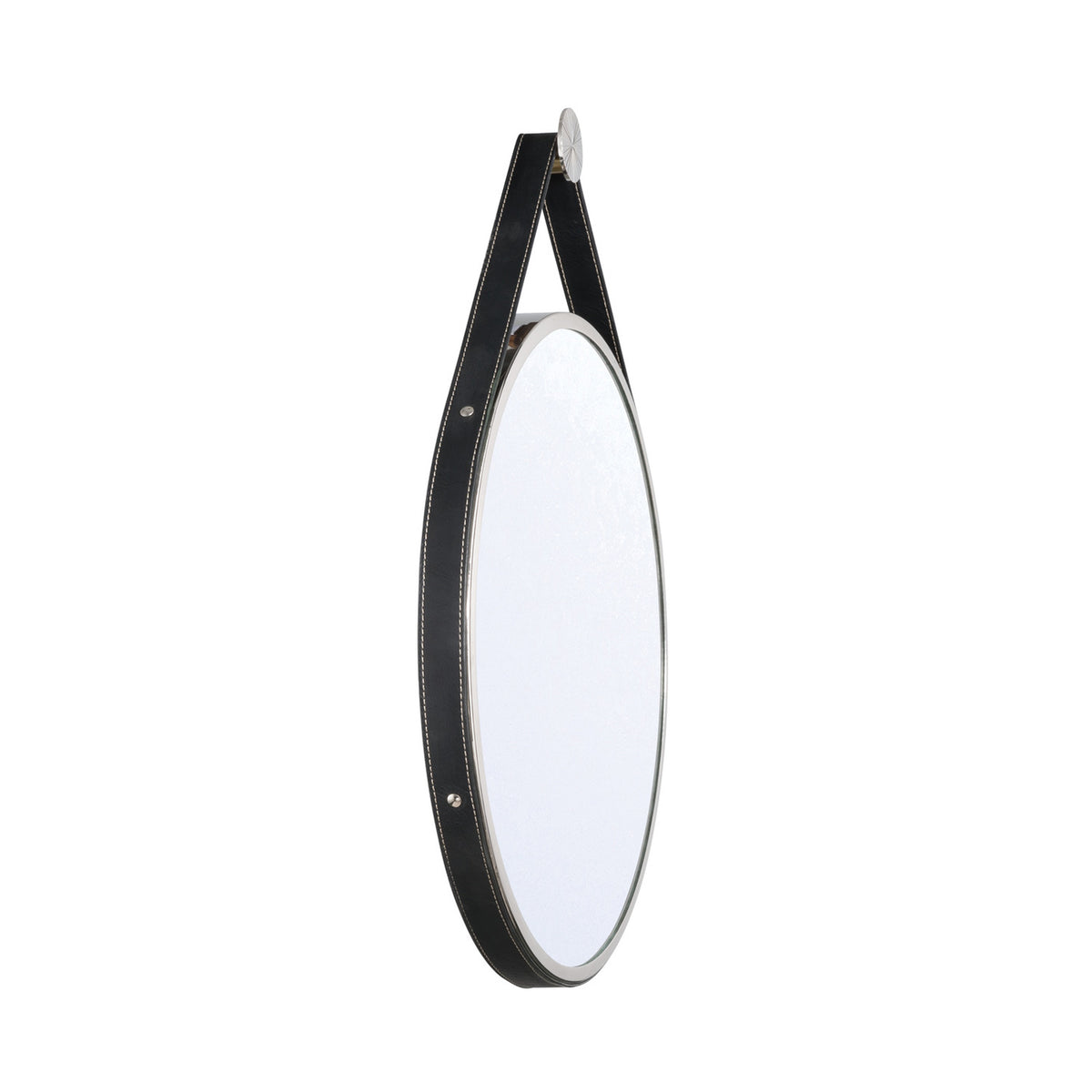 Stamford Round Decorative Mirror 18" x 23", Polished Nickel with Black Leather Strap