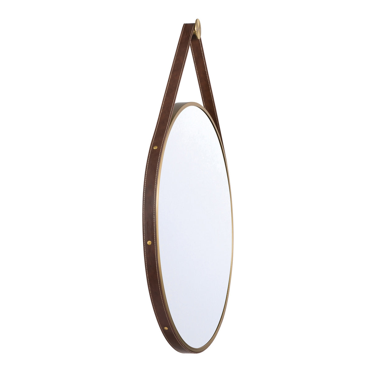 Stamford Round Decorative Mirror 24" x 32", Brass with Brown Leather Strap