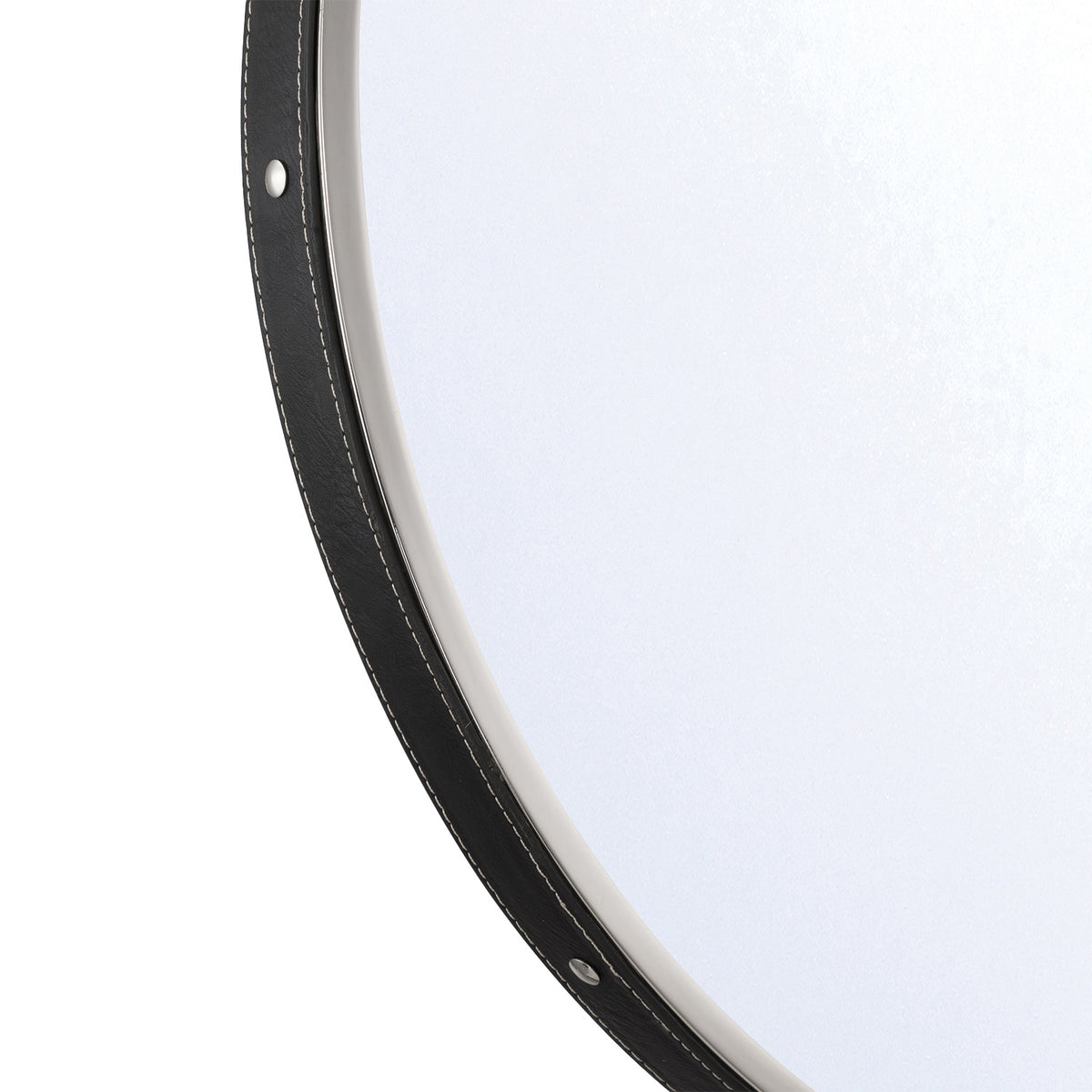 Stamford Round Decorative Mirror 24" x 32", Polished Nickel with Black Leather Strap