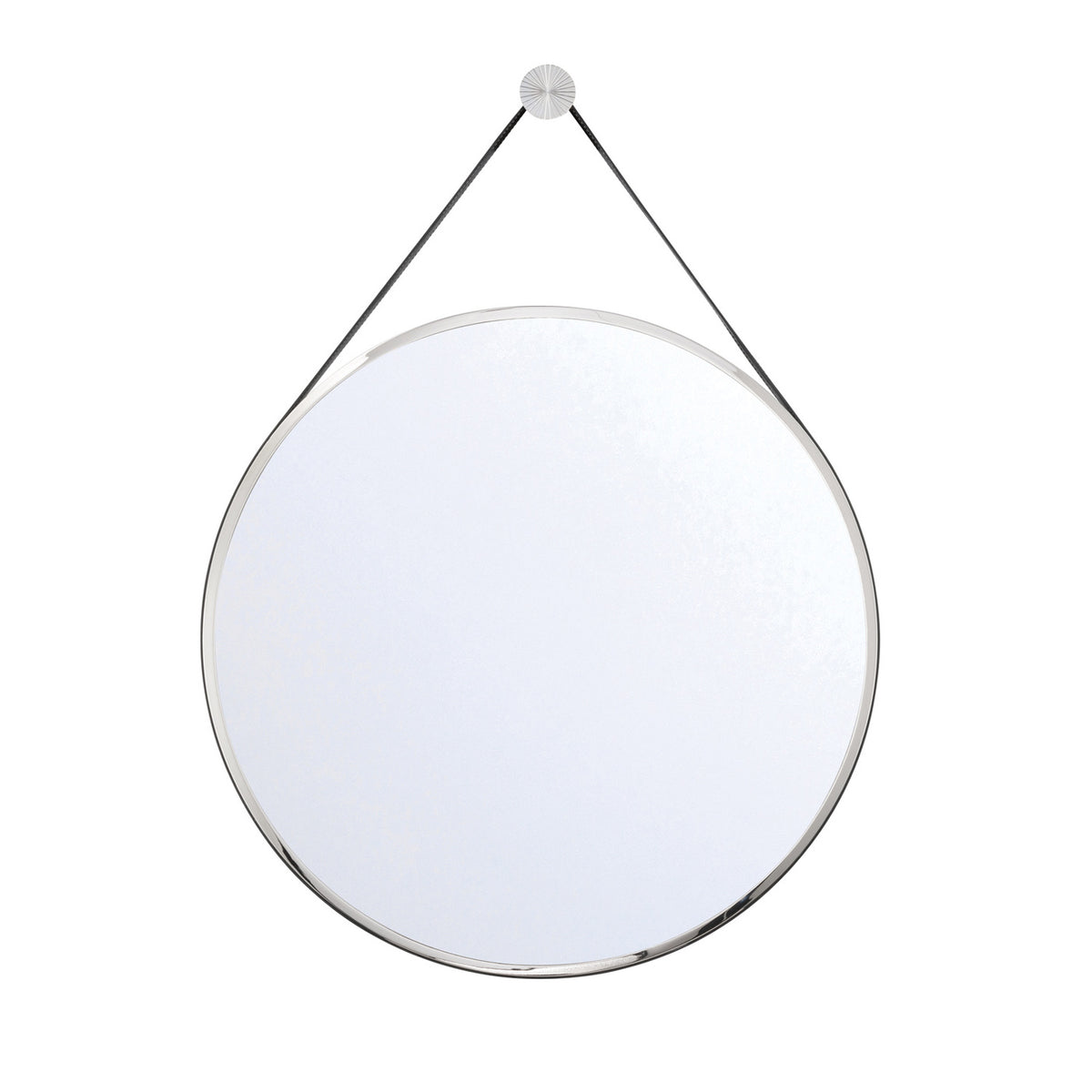 Stamford Round Decorative Mirror 24" x 32", Polished Nickel with Black Leather Strap