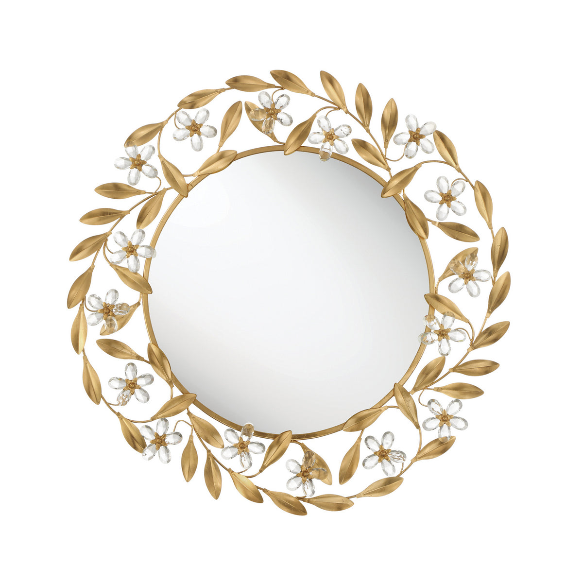 Jasmine Round Decorative Mirror 30" x 30", Antique Gold and Crystal