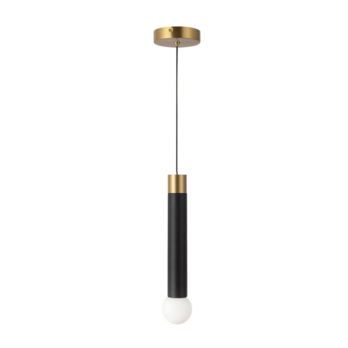 Roswell LED Pendant 5", Black Vegan Leather and Brushed Brass