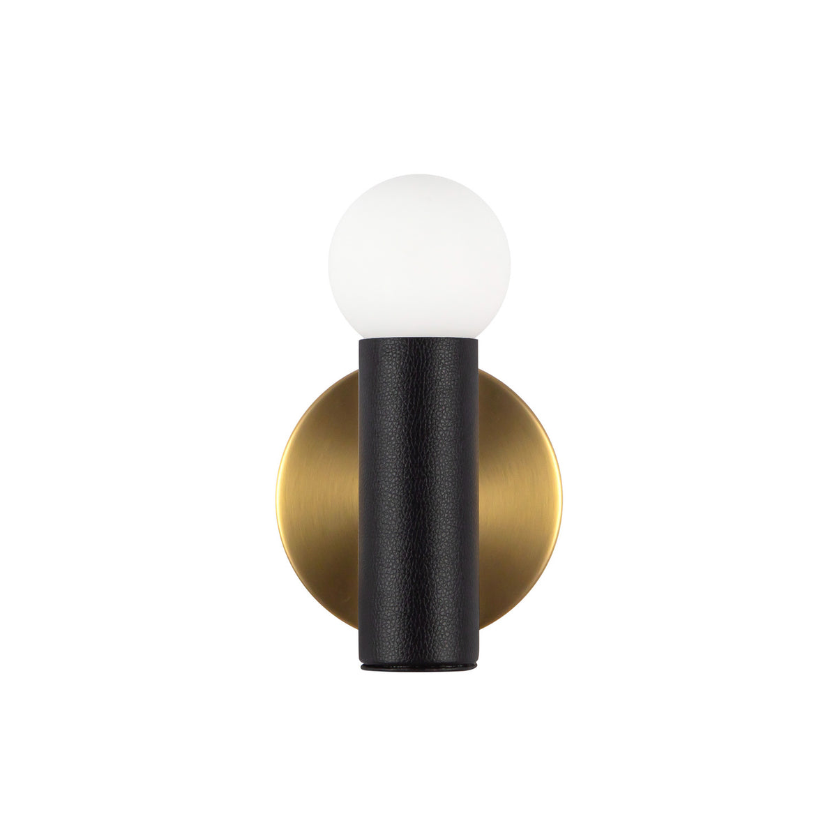 Roswell 1 Light LED Wall Sconce 8", Black Vegan Leather and Brushed Brass