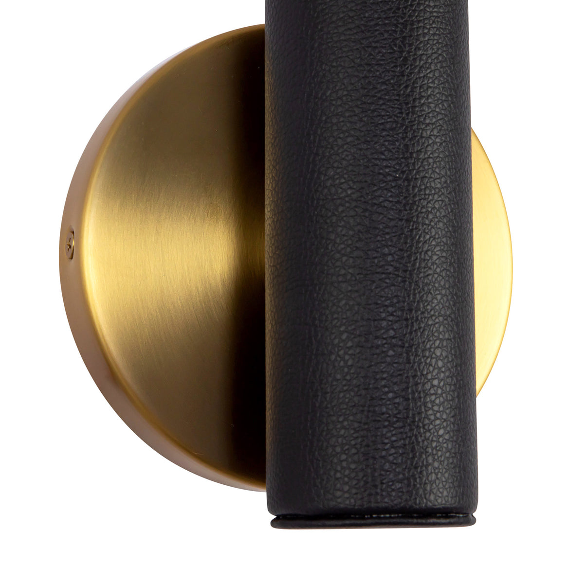 Roswell 1 Light LED Wall Sconce 8", Black Vegan Leather and Brushed Brass