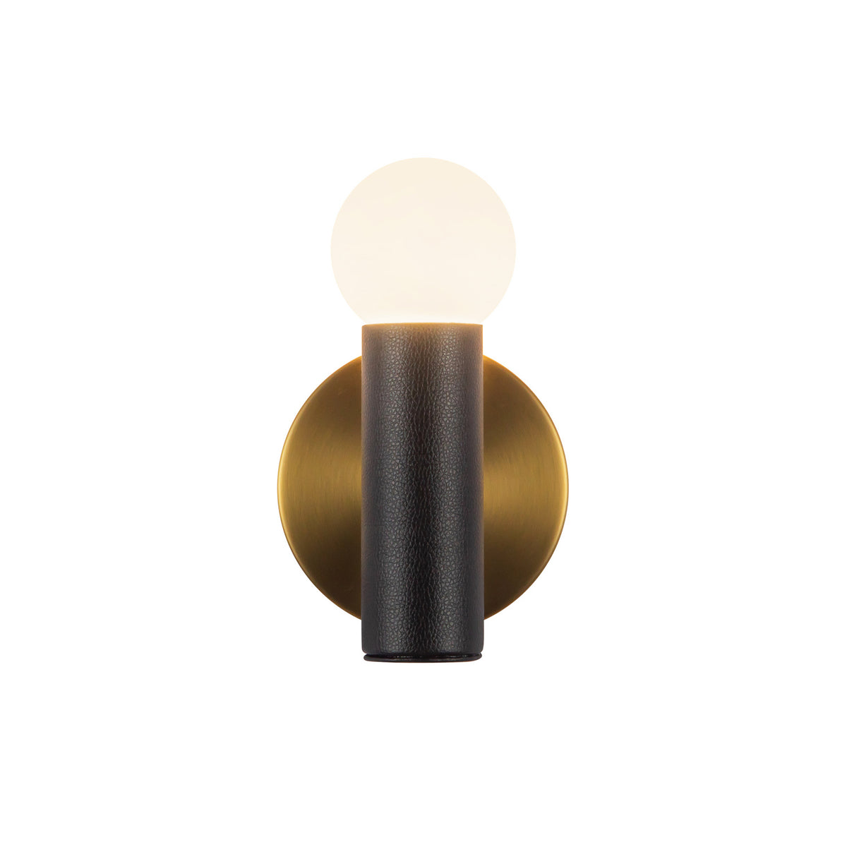 Roswell 1 Light LED Wall Sconce 8", Black Vegan Leather and Brushed Brass