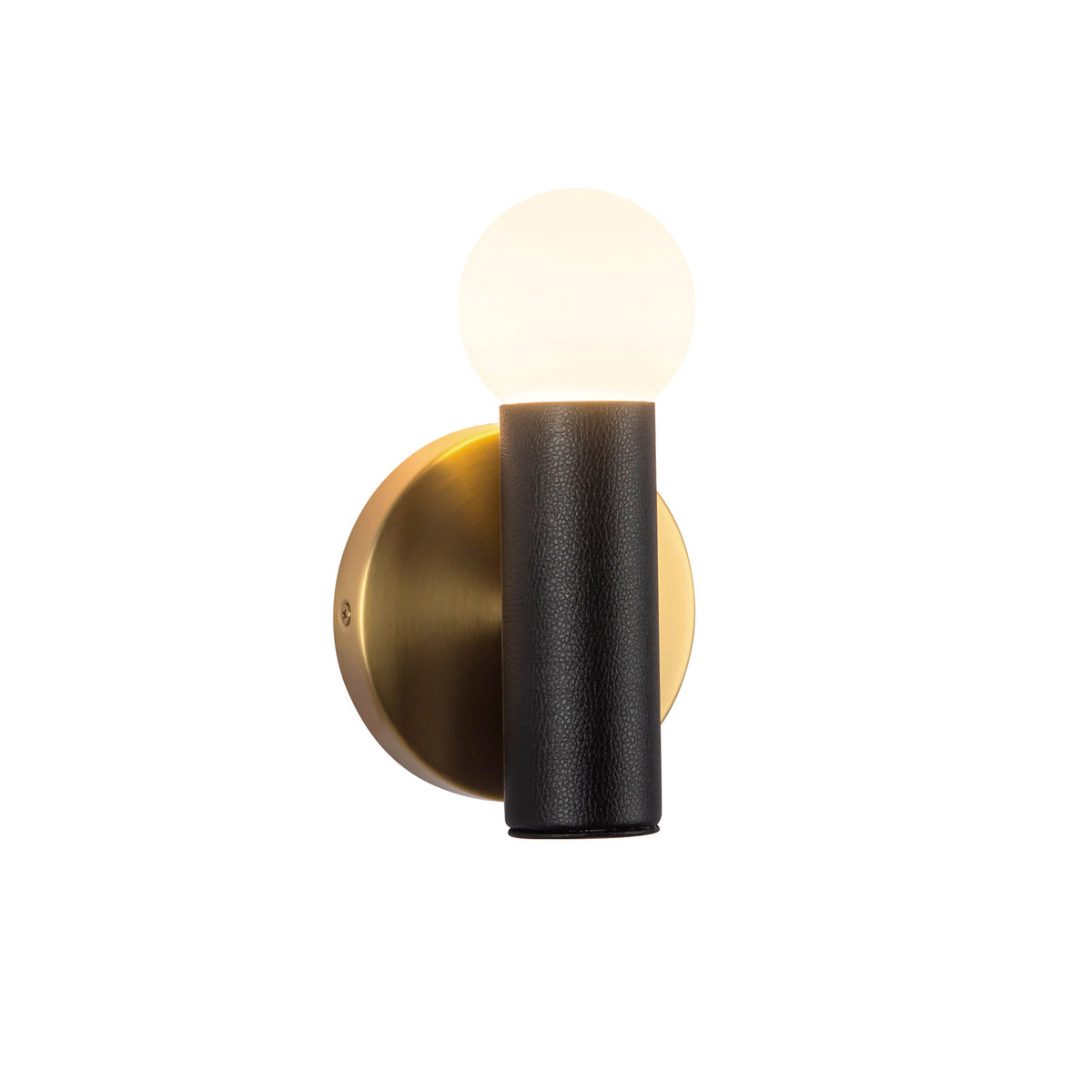 Roswell 1 Light LED Wall Sconce 8", Black Vegan Leather and Brushed Brass
