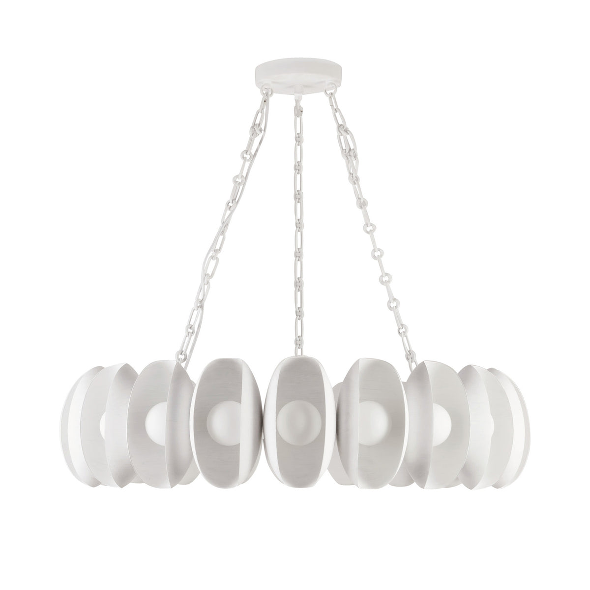 Bolton 20 Light LED Chandelier 37", Antique White, front view unlit showing oval shades and round bulbs
