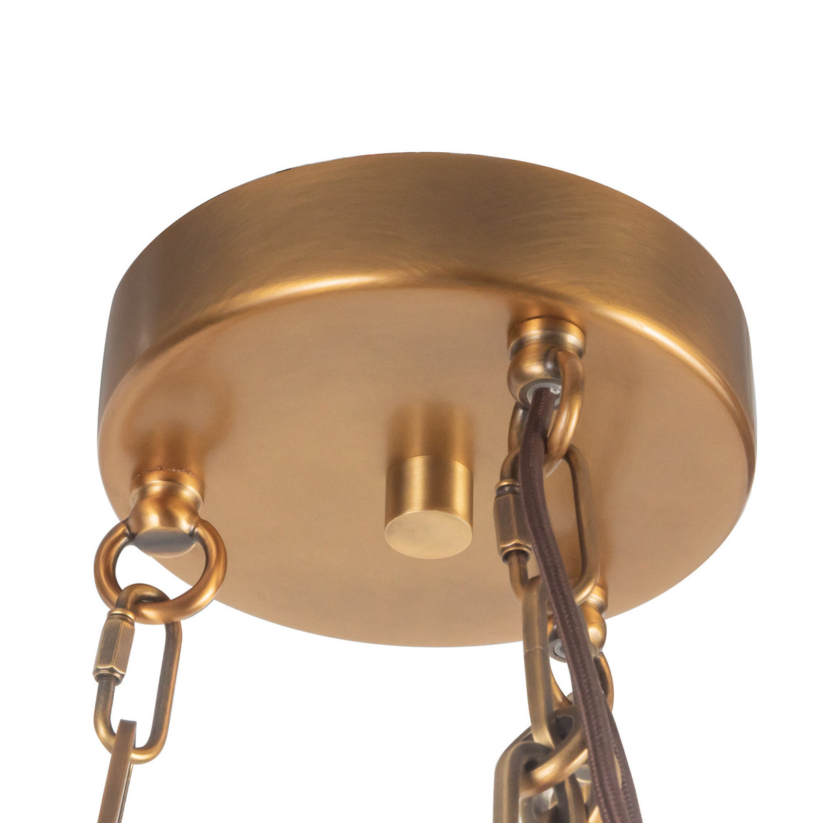 Bolton 12 Light LED Chandelier 25", Vintage Brass, underside close-up of the round canopy, chain rings, and cord
