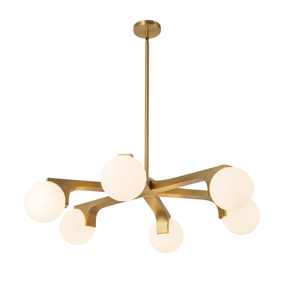 Duncan 6 Globe Chandelier 37", Brushed Brass and Opal Glass
