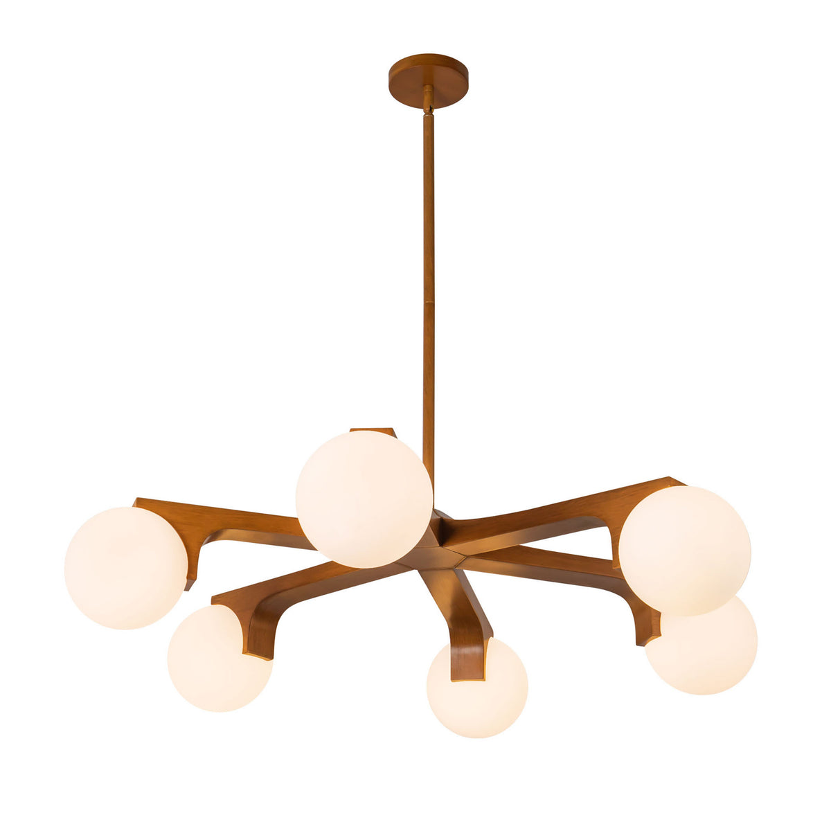 Duncan 6 Globe Chandelier 37", Teak and Opal Glass