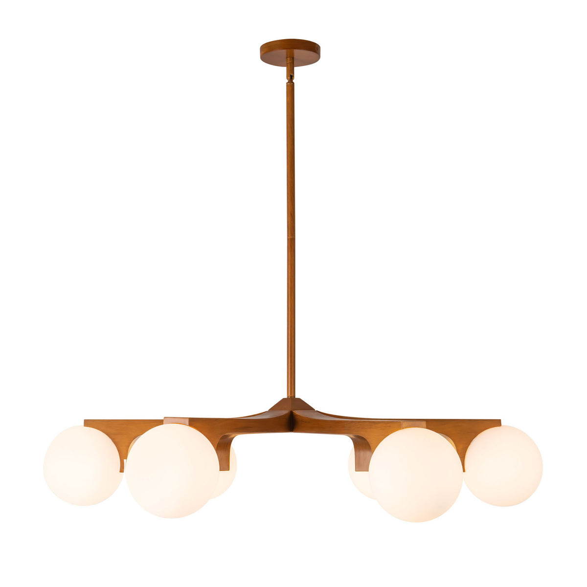 Duncan 6 Globe Chandelier 37", Teak and Opal Glass