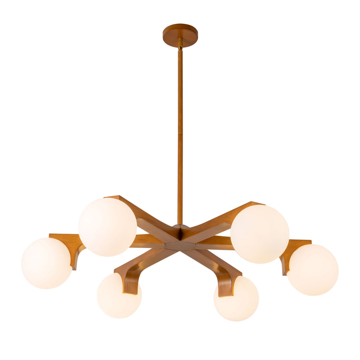 Duncan 6 Globe Chandelier 37", Teak and Opal Glass