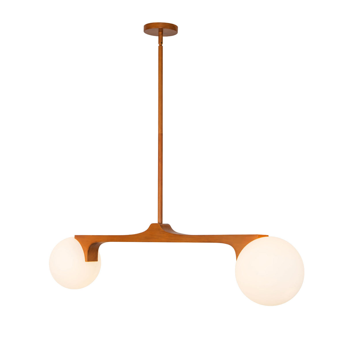 Duncan 2 Globe Linear Pendant 47", Teak and Opal Glass