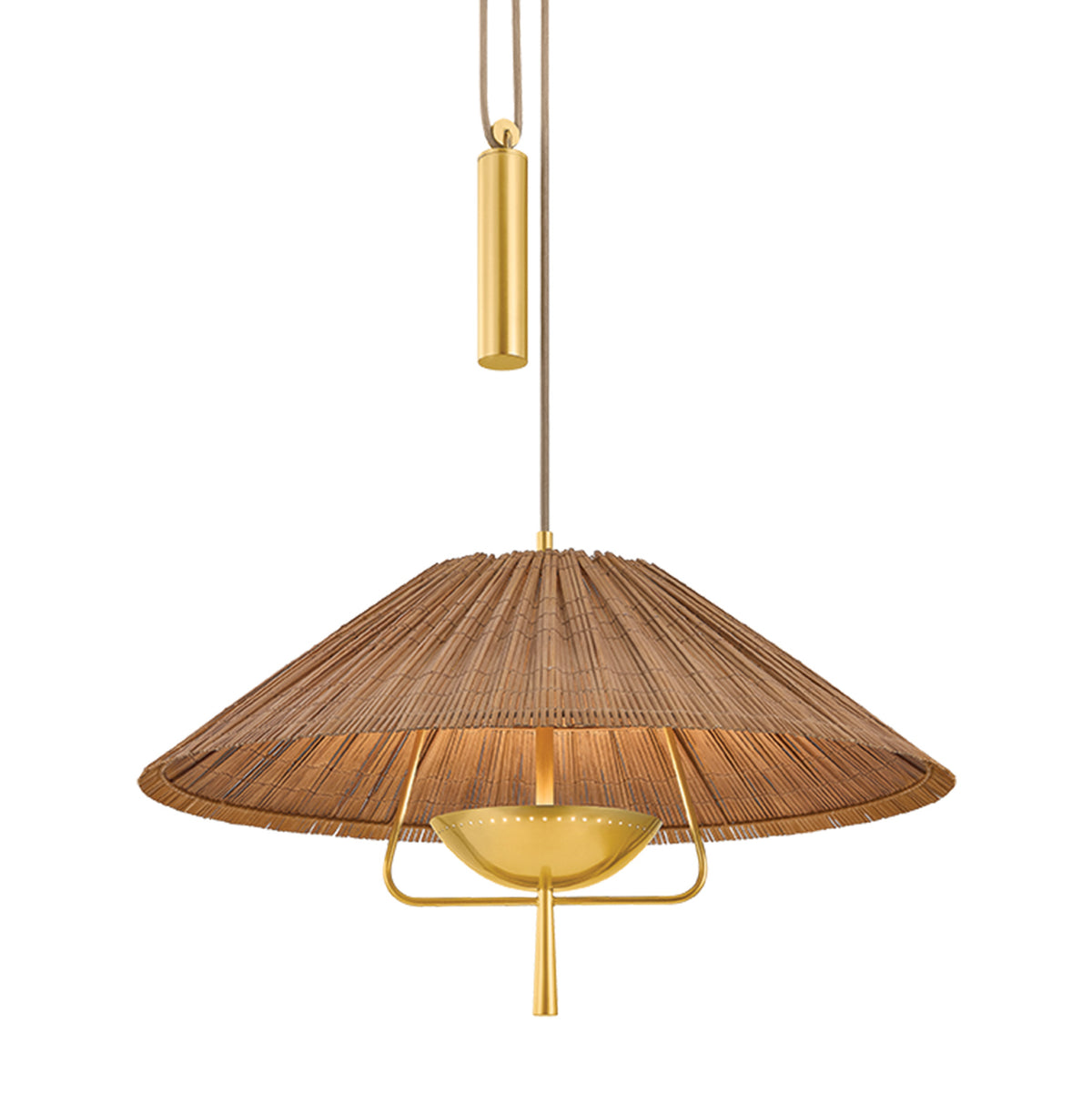 Kingston Pull-Down LED Pendant 28", Woven Bamboo and Aged Brass