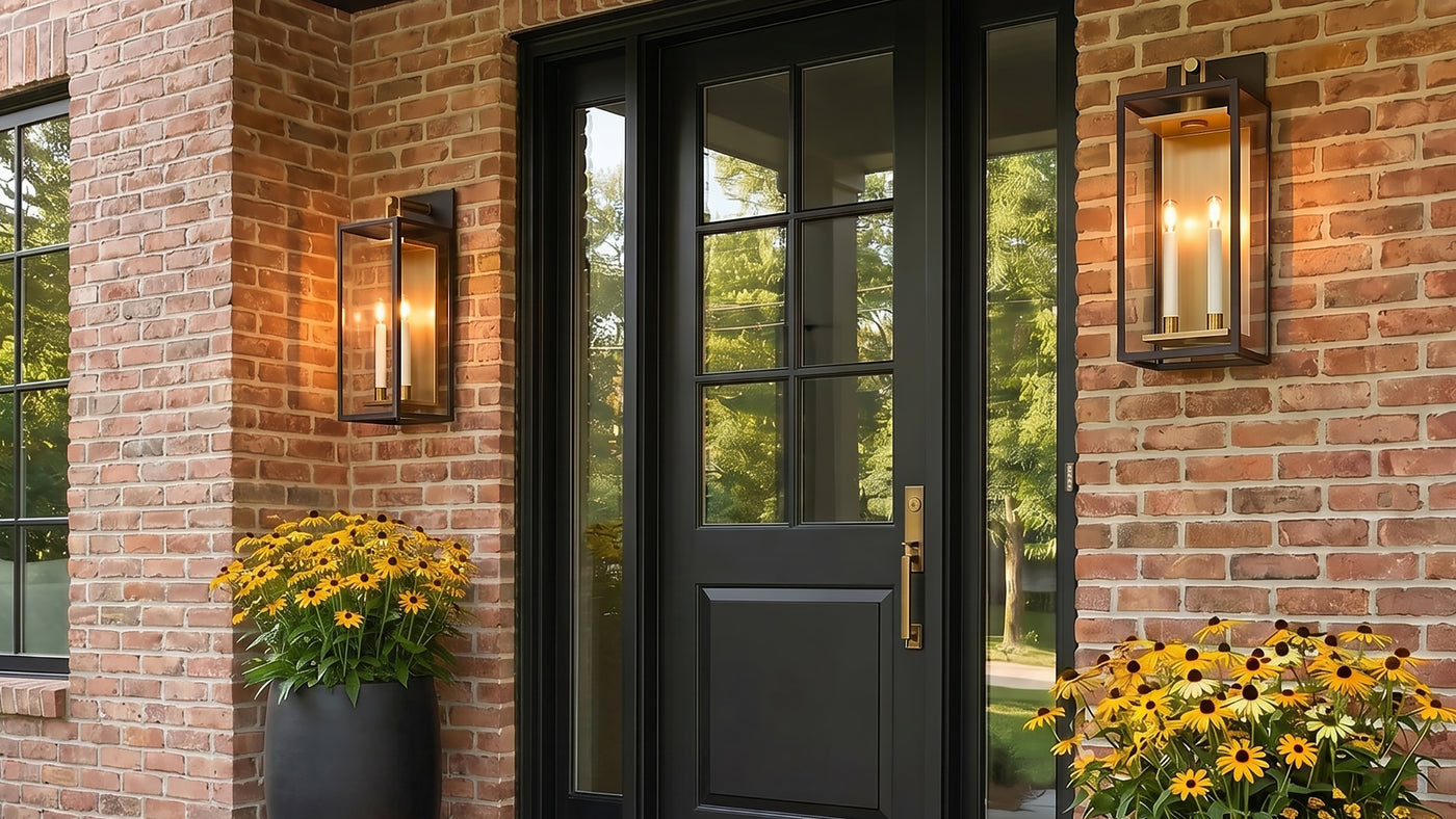 Two Orin Large 24" Outdoor Wall Lights in Bronze and Brass shown flanking a black front door on a brick home with bright yellow summer flowers in pots.