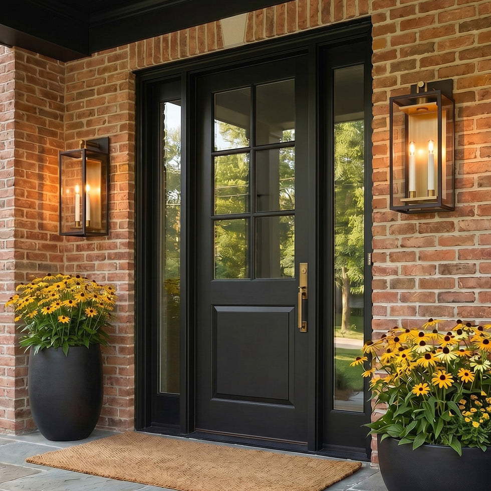 Two Orin Large 24" Outdoor Wall Lights in Bronze and Brass shown flanking a black front door on a brick home with bright yellow summer flowers in pots.