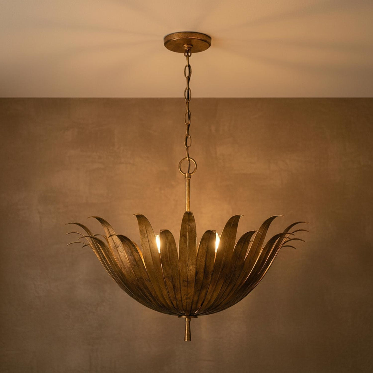 Cerise Pendant 24, Antique Gold for Transitional home with Warm Beige Textured Walls