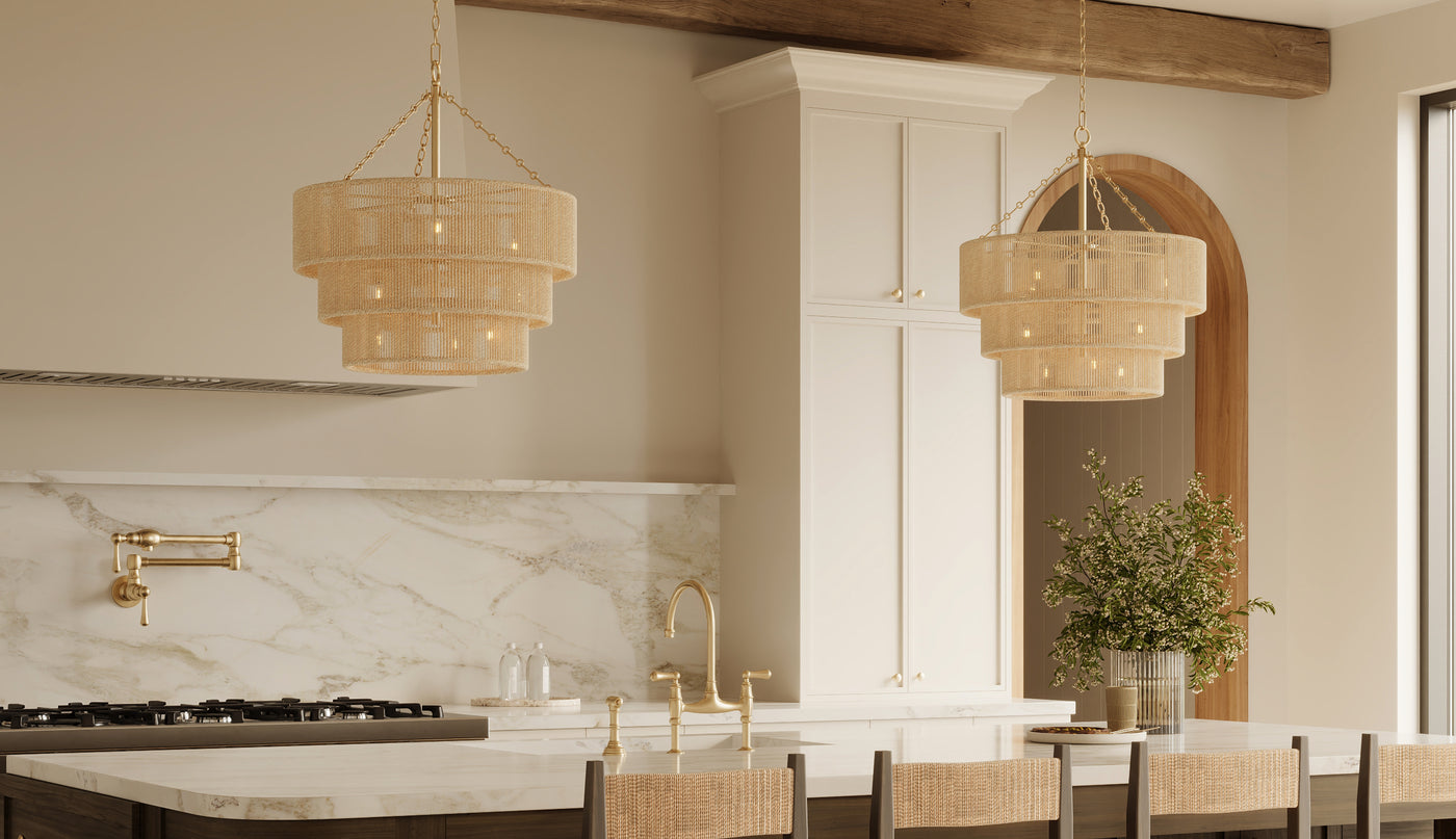 Two Sorelle 10 Light Jute Chandeliers in a large kitchen with wooden beams and cream walls.