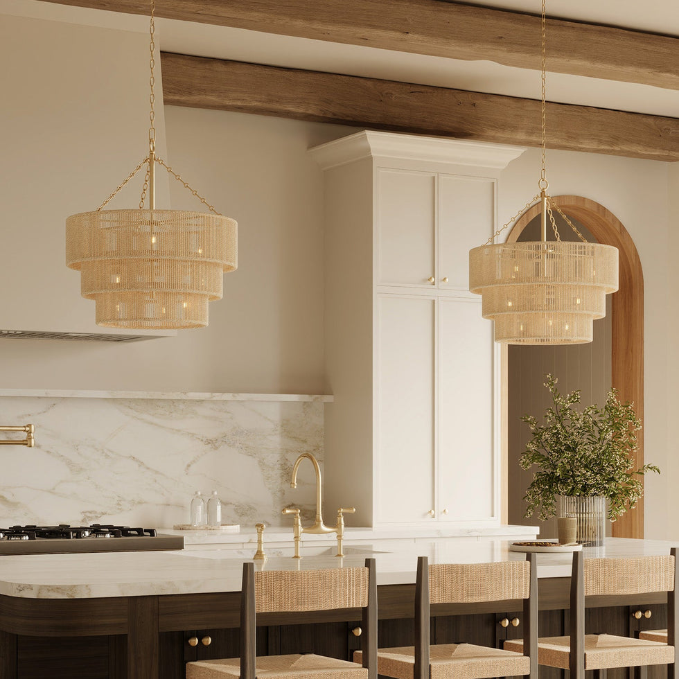 Two Sorelle 10 Light Jute Chandeliers in a large kitchen with wooden beams and cream walls.