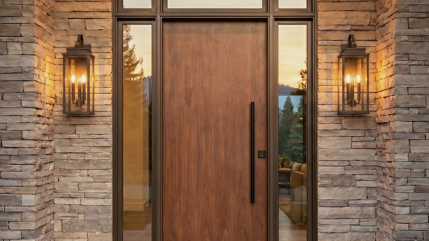 Wooden front door with glass panels on a stone wall with two Trevor Outdoor Wall Lights, Lantern Style in Bronze