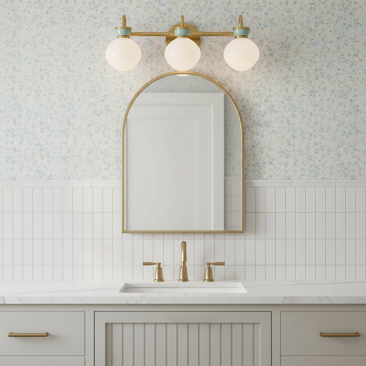 Piper 3 Light Vanity, Satin Brass and Aquaverde - Vanity light above a sink with mirror in a bathroom
