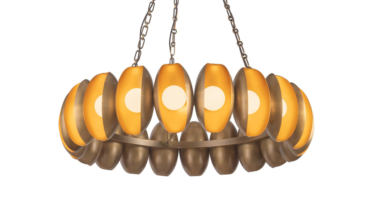 Shop the Bolton LED Collection of sculptural chandeliers and wall sconces inspired by oysters and pearls, featuring curved metal shades, opal glass globes, warm 2700K lighting, and Vintage Brass, Urban Bronze, or Antique White finishes.