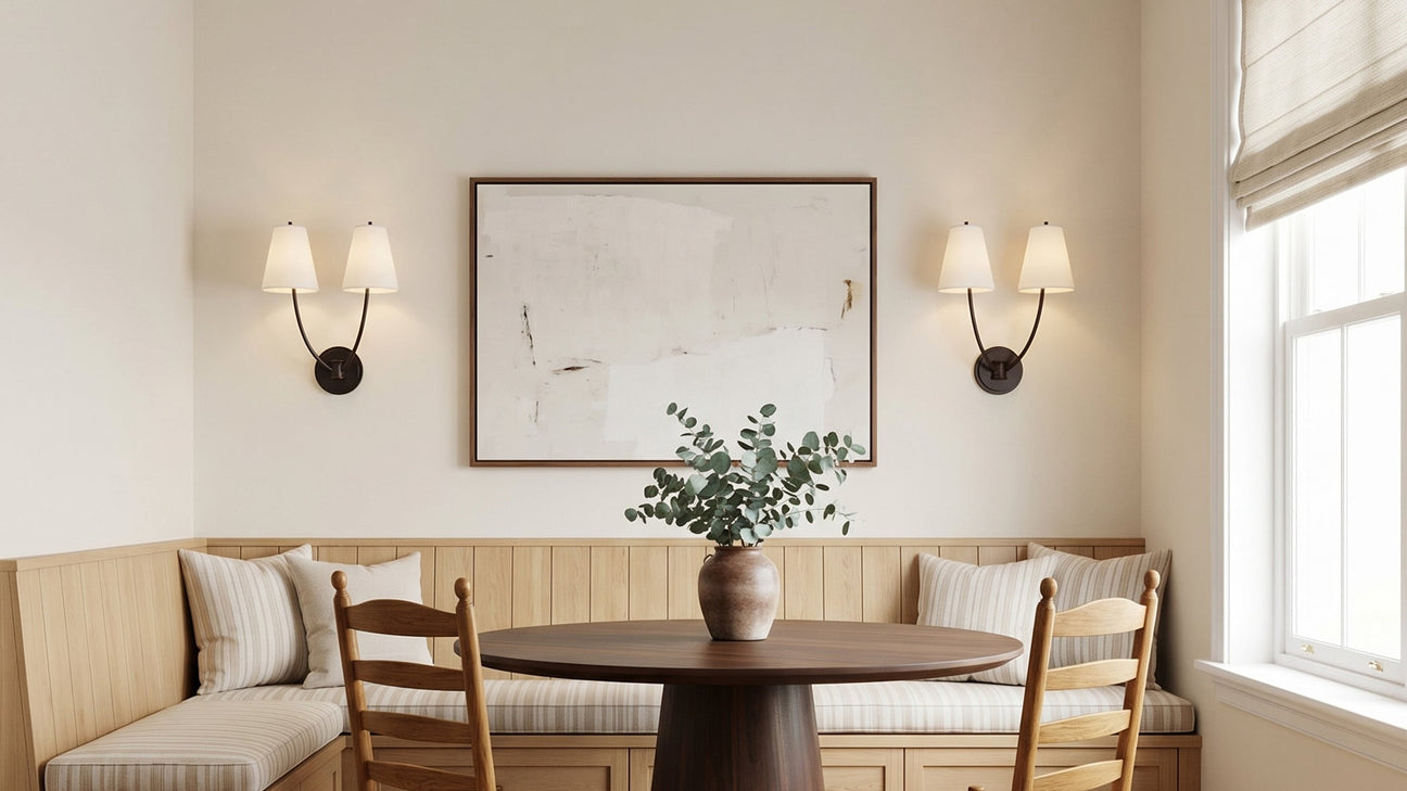 Two Cordelia Double Wall Sconces, in Aged Iron, shown in a banquette eat-in kitchen.
