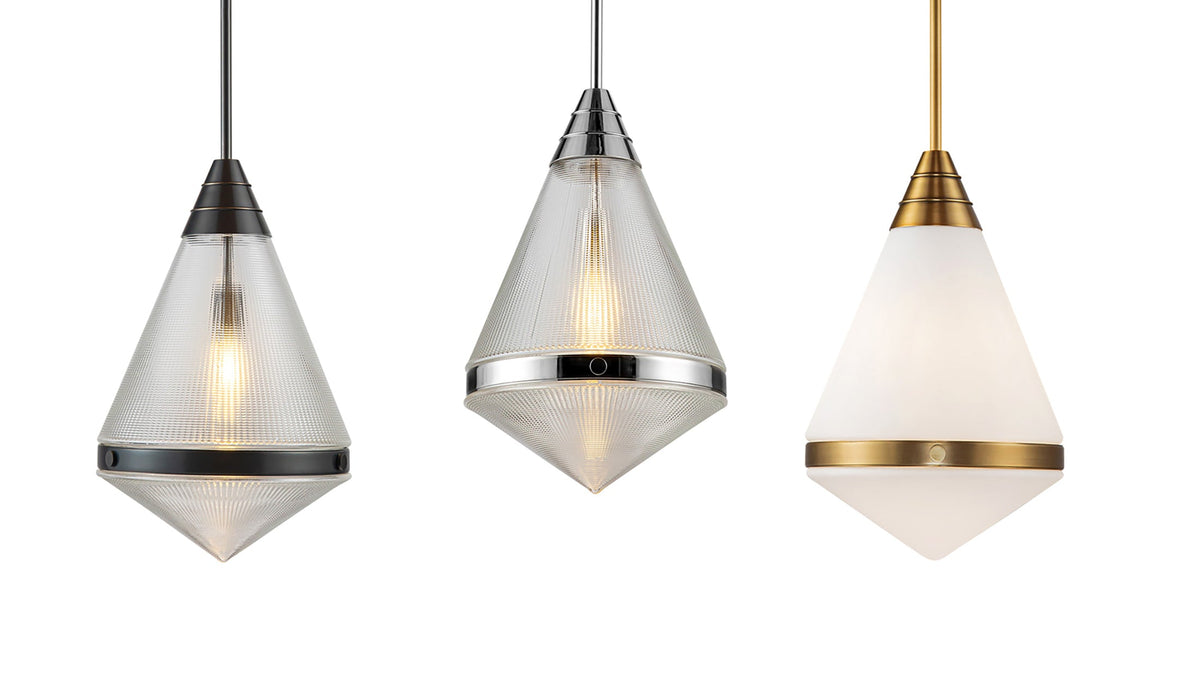 Shop the Essex Lighting Collection of Art Deco-inspired pendants and wall sconces with Polished Nickel finishes, sculptural Matte Opal or Clear Prismatic Glass shades, and elegant geometric details for kitchens, bathrooms, bedrooms, and entryways.