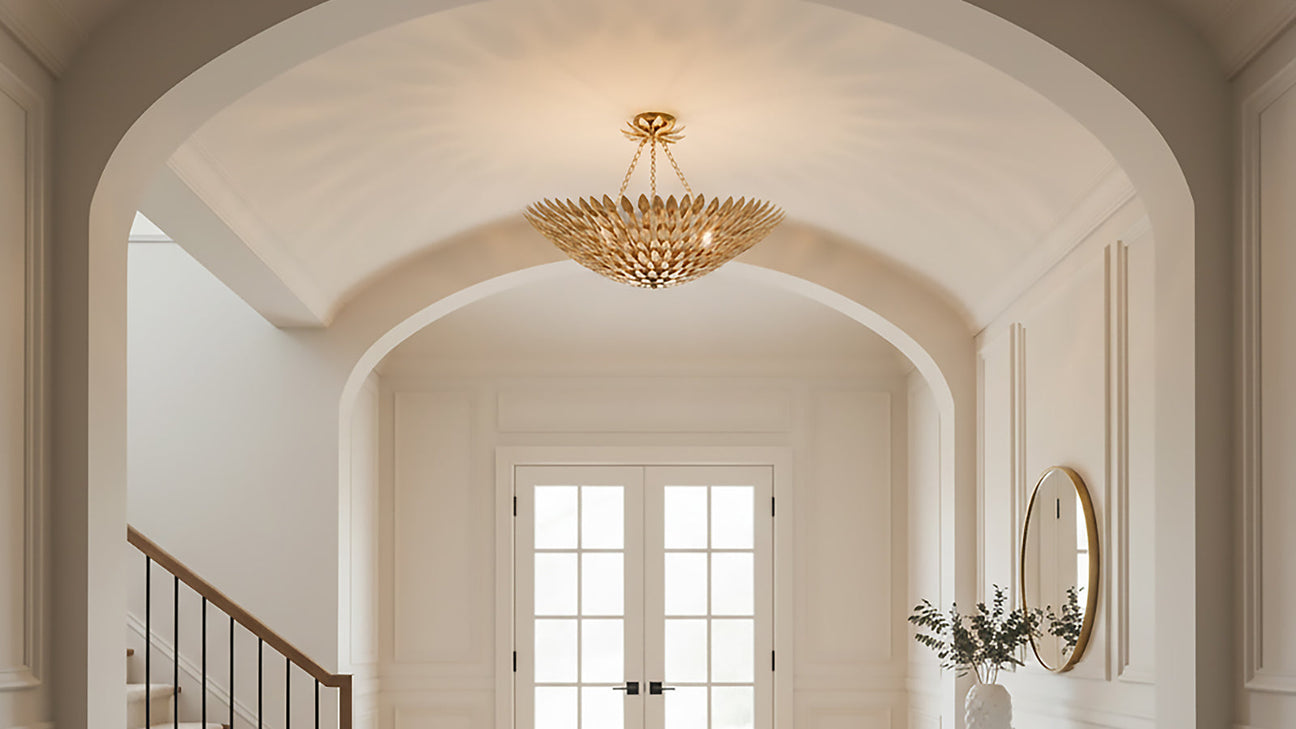 Alysa 30" Semi-Flush Ceiling light in Antique Gold hanging in a coved ceiling foyer
