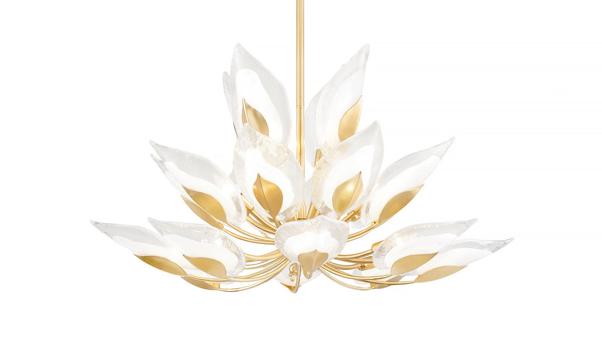 Shop the Nyssa Lighting Collection of botanical-inspired chandeliers, semi-flush ceiling lights, and wall sconces with sculptural leaf details and Blonchino art glass in Gold or Silver Leal