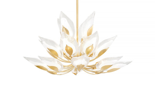 Shop the Nyssa Lighting Collection of botanical-inspired chandeliers, semi-flush ceiling lights, and wall sconces with sculptural leaf details and Blonchino art glass in Gold or Silver Leal