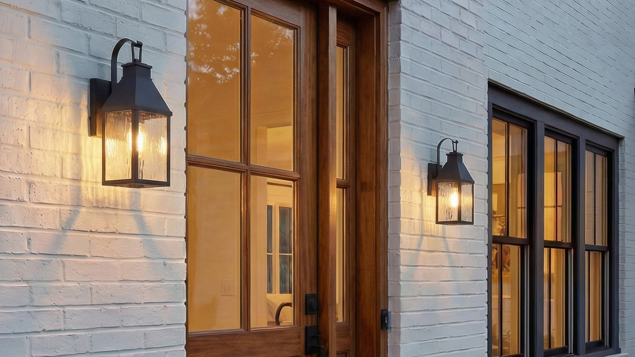 Westin outdoor wall lights on a modern farmhouse white brick home.