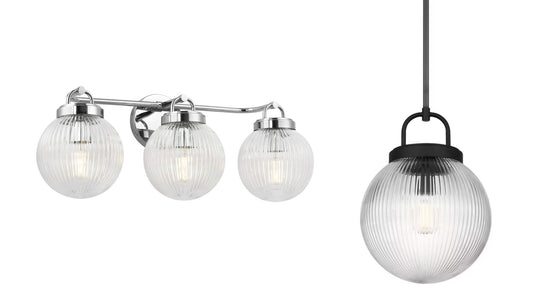 The Whitaker Collection features clear reeded glass globes and versatile finishes bringing vintage-inspired style to ceiling lights, pendants, vanity lights, kitchens, bathrooms, bedrooms, and entryways.