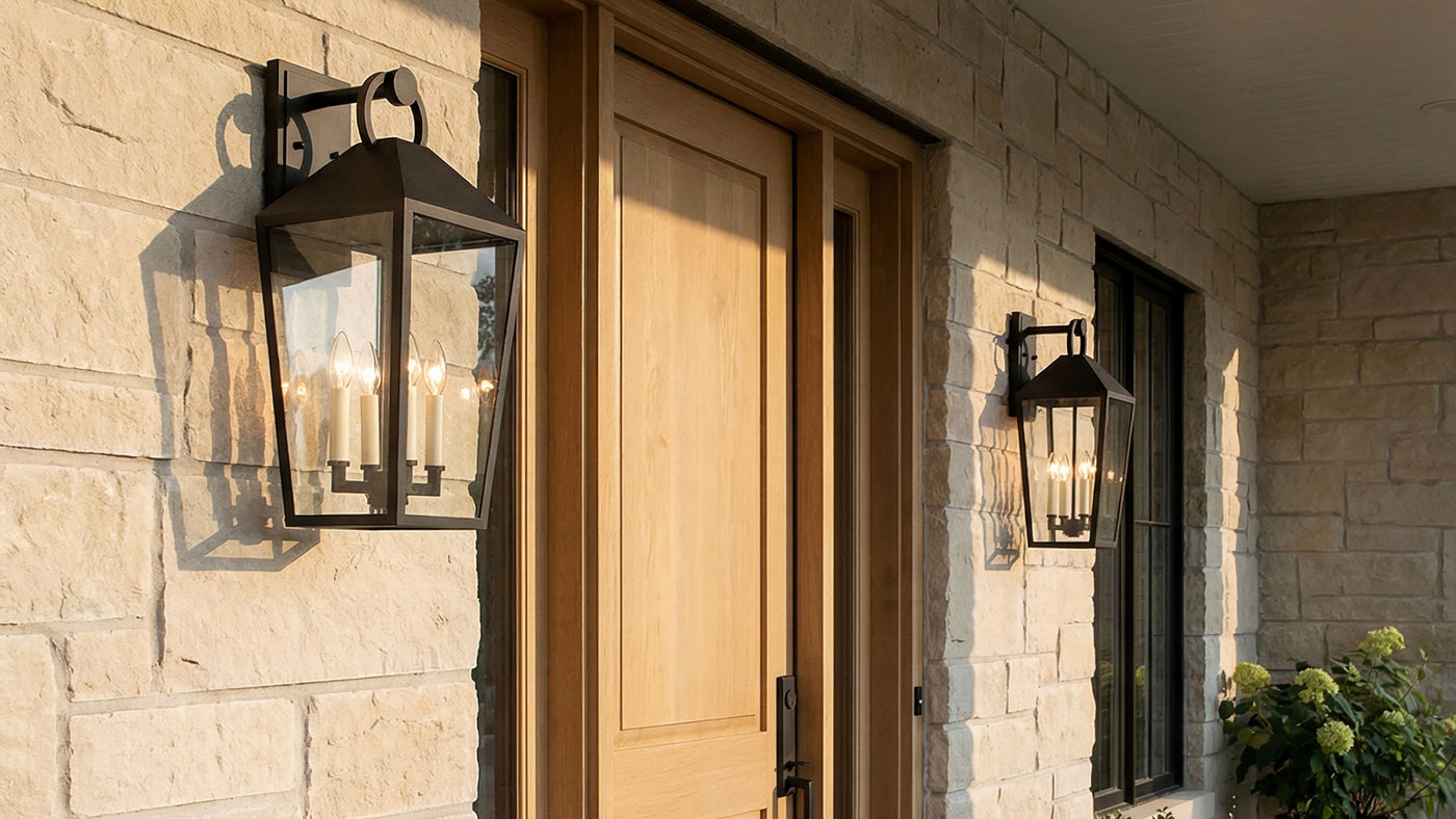 Two Cole large 21.5" tall black outdoor wall lantern light fixtures mounted on a beige stone house exterior, flanking a wooden front door.