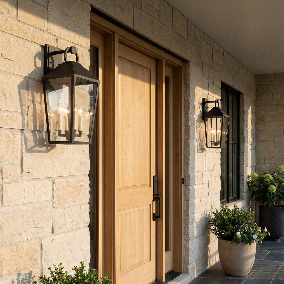 Two Cole large 21.5" tall black outdoor wall lantern light fixtures mounted on a beige stone house exterior, flanking a wooden front door.