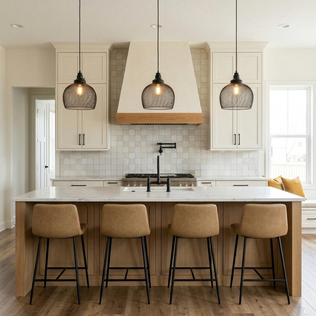 Bell Mesh Pendant, Matte Black woven pendant in a Modern Farmhouse Kitchen with a white marble island and tan leather stools.