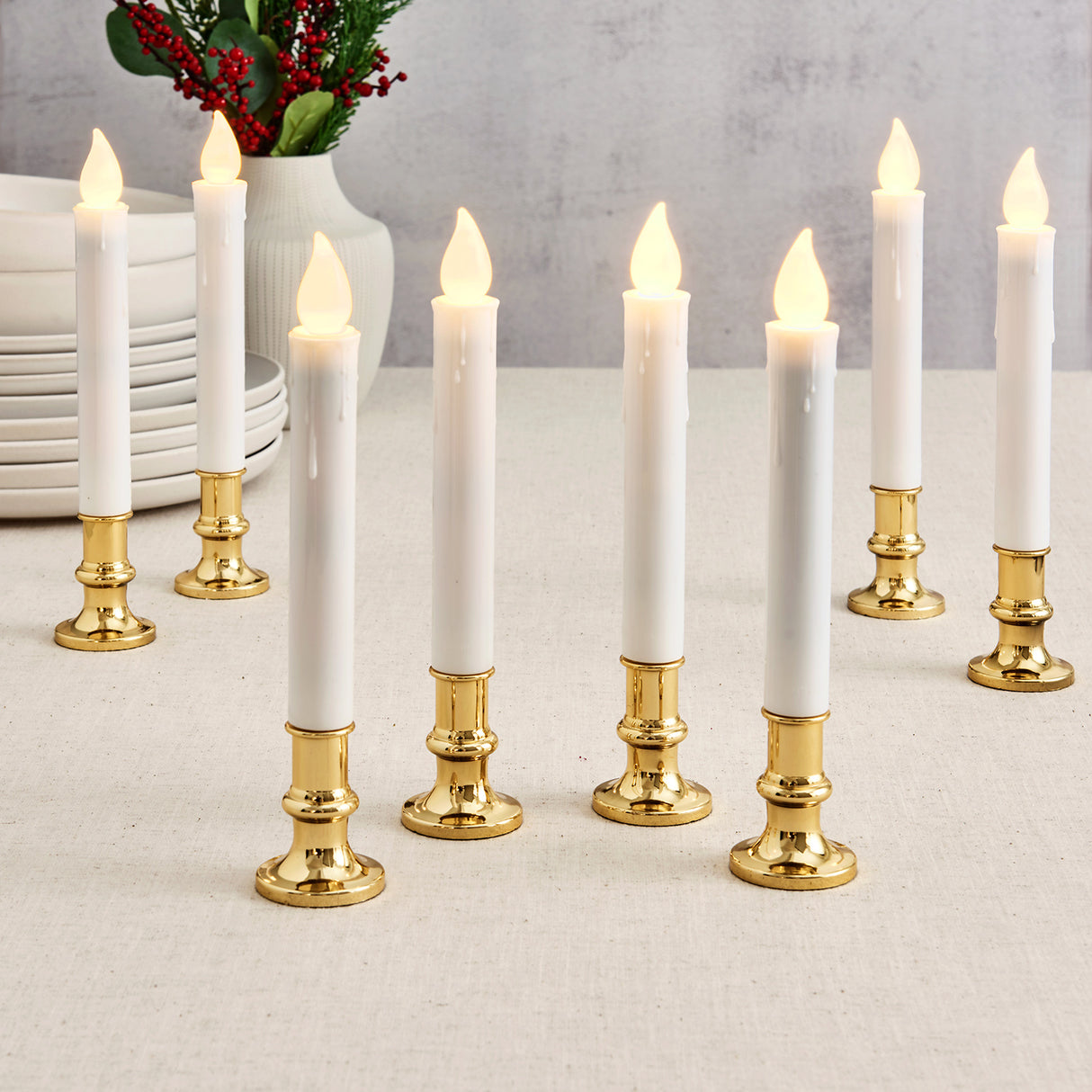 White 7" Flameless Resin Taper Candles with Gold Bases, Set of 8