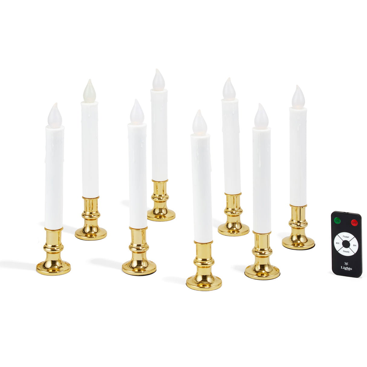 White 7" Flameless Resin Taper Candles with Gold Bases, Set of 8