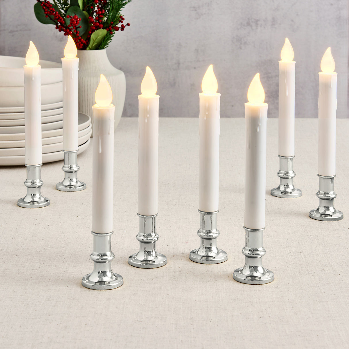 White 7" Flameless Resin Taper Window Candles with Silver Bases, Set of 4