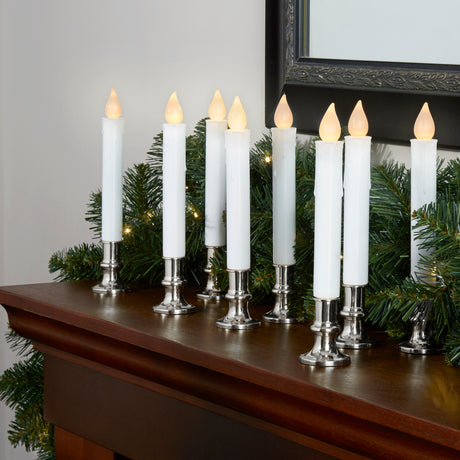 White 7" Flameless Resin Taper Candles with Silver Bases, Set of 8
